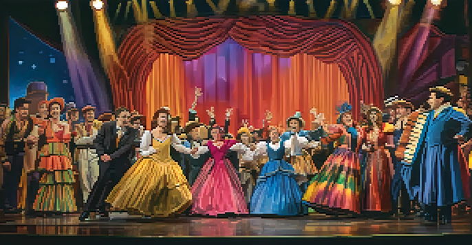A lively theater performance with actors in bright costumes, engaging an enthusiastic audience at Santa Monica Playhouse.