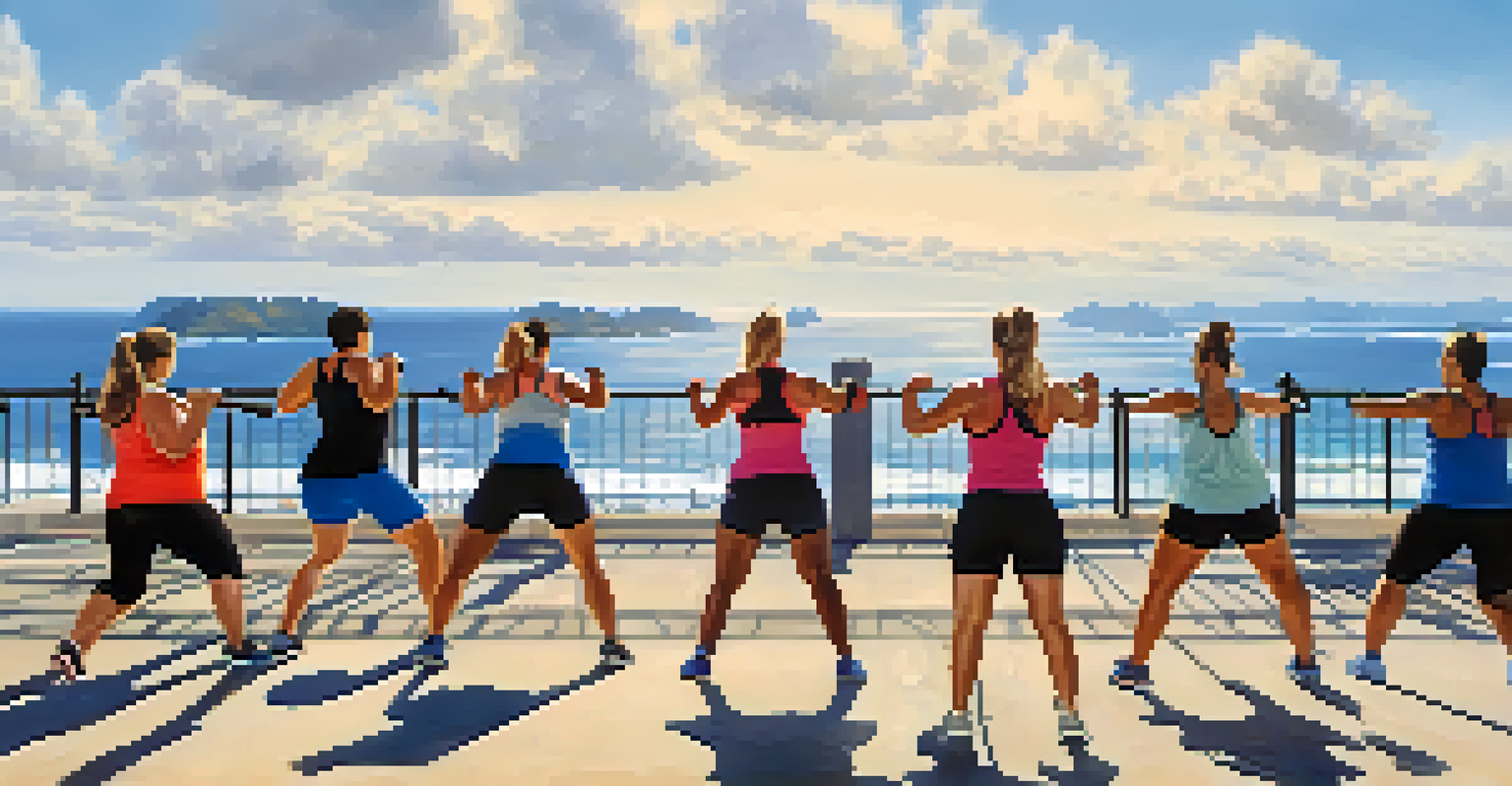 A group of people participating in a high-intensity outdoor fitness class, with the Pacific Ocean in the background and bright blue skies.