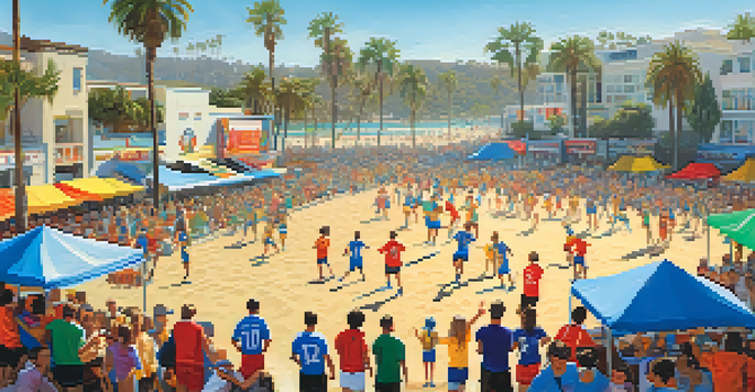 A lively youth soccer game in Santa Monica with families cheering, colorful jerseys, and food stalls nearby under a sunny sky.
