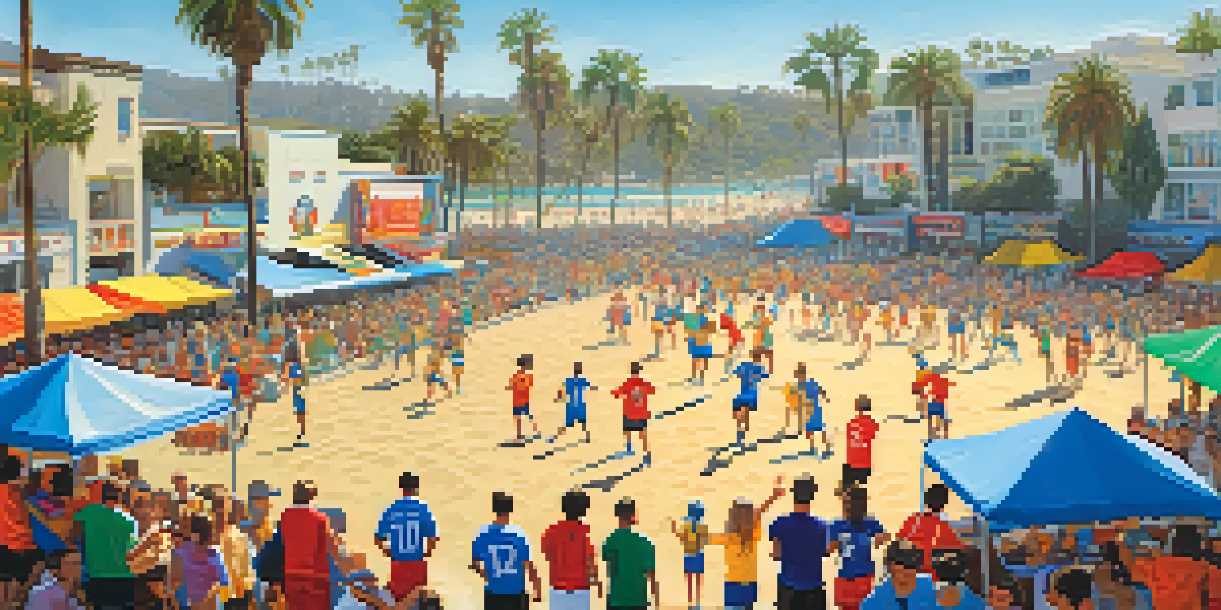 A lively youth soccer game in Santa Monica with families cheering, colorful jerseys, and food stalls nearby under a sunny sky.