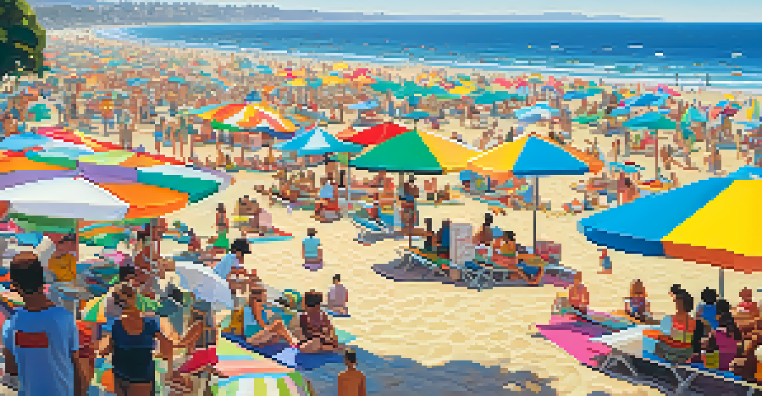 A contemporary view of Santa Monica Beach featuring diverse activities and people enjoying the sun.