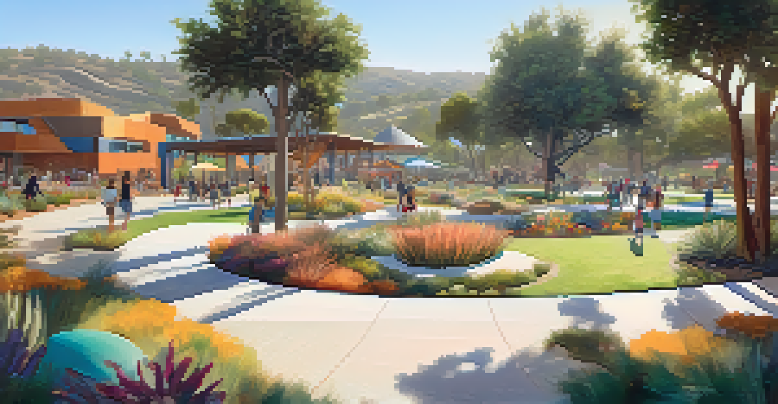 A modern park landscape featuring hills, native plants, and art installations, creating a colorful and engaging environment.