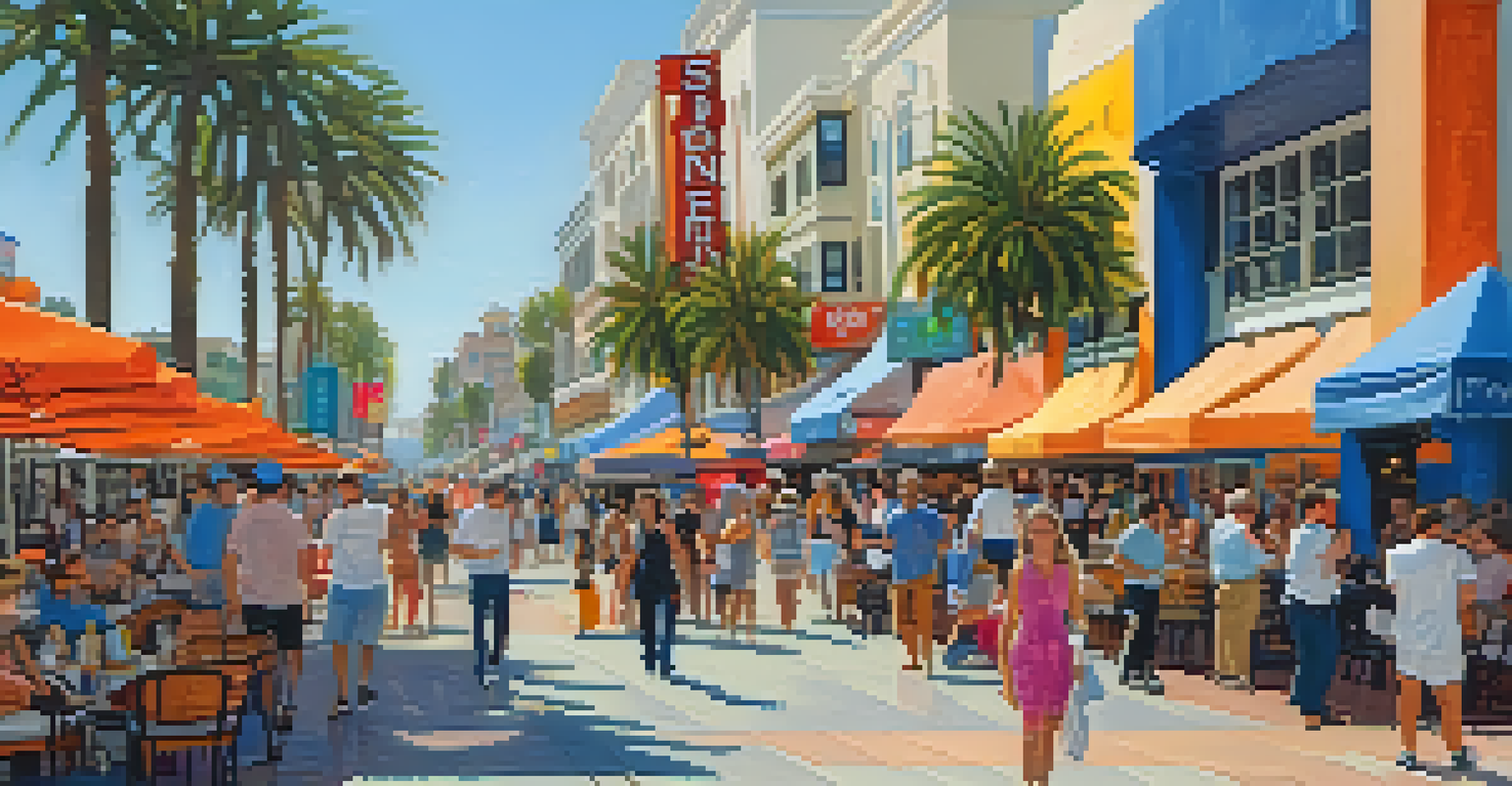 A lively shopping scene at Third Street Promenade with shoppers and street performers in Santa Monica.