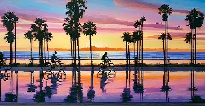 A picturesque sunset view of cyclists on the Santa Monica Beach Path with palm trees and the ocean in the background.