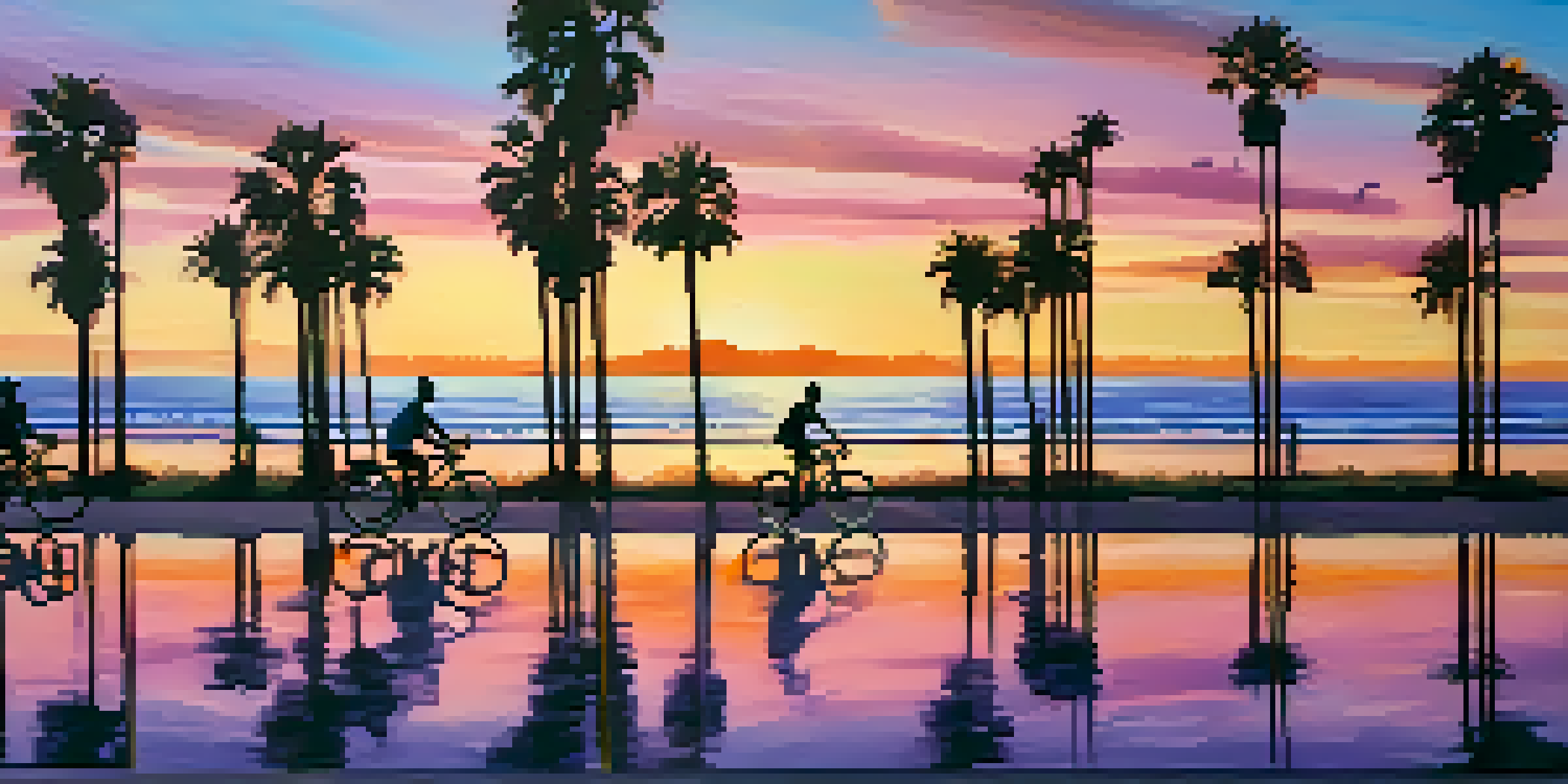 A picturesque sunset view of cyclists on the Santa Monica Beach Path with palm trees and the ocean in the background.