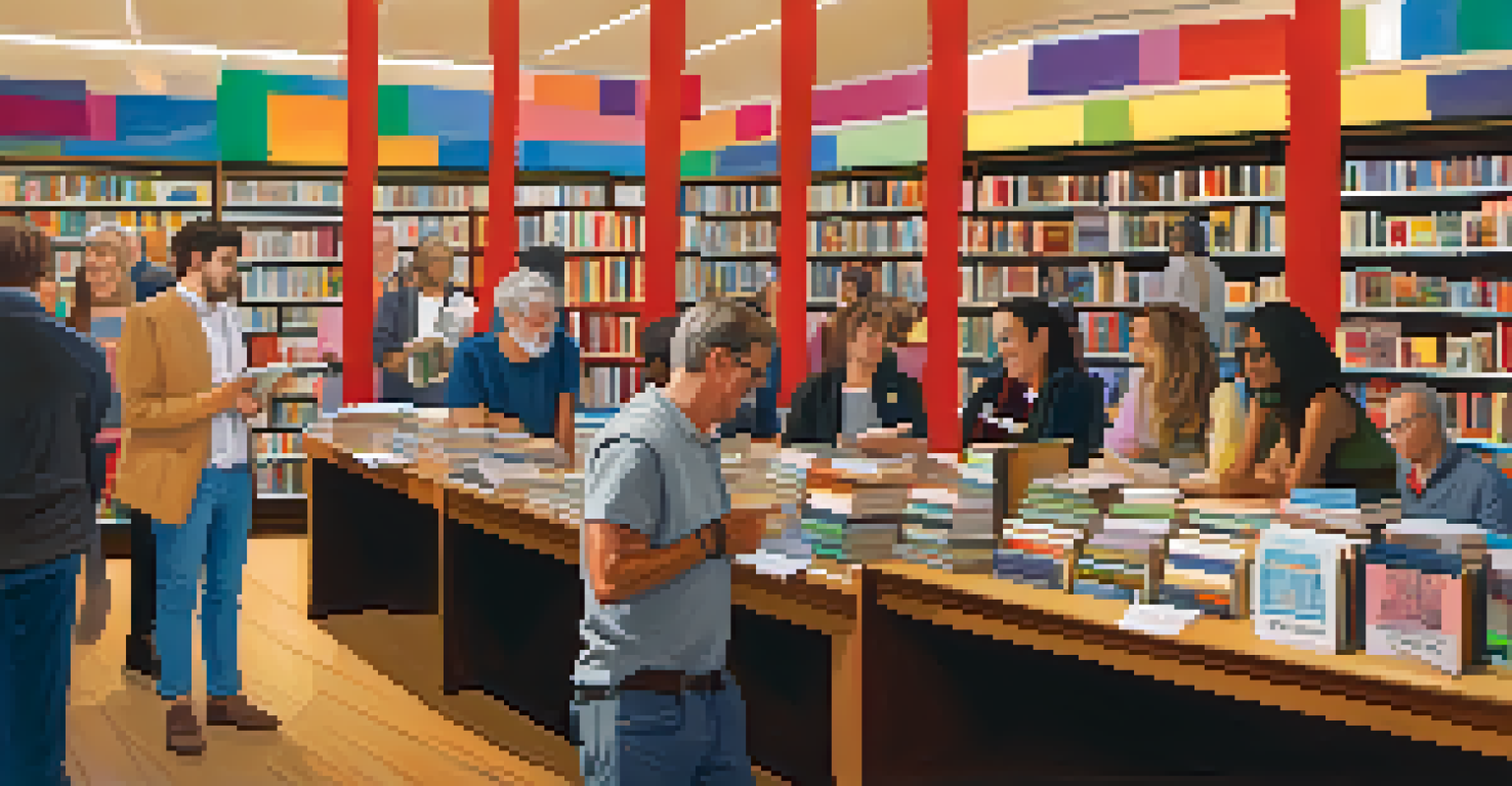 A vibrant bookstore event with an author signing books and people engaging in discussion around colorful decorations.