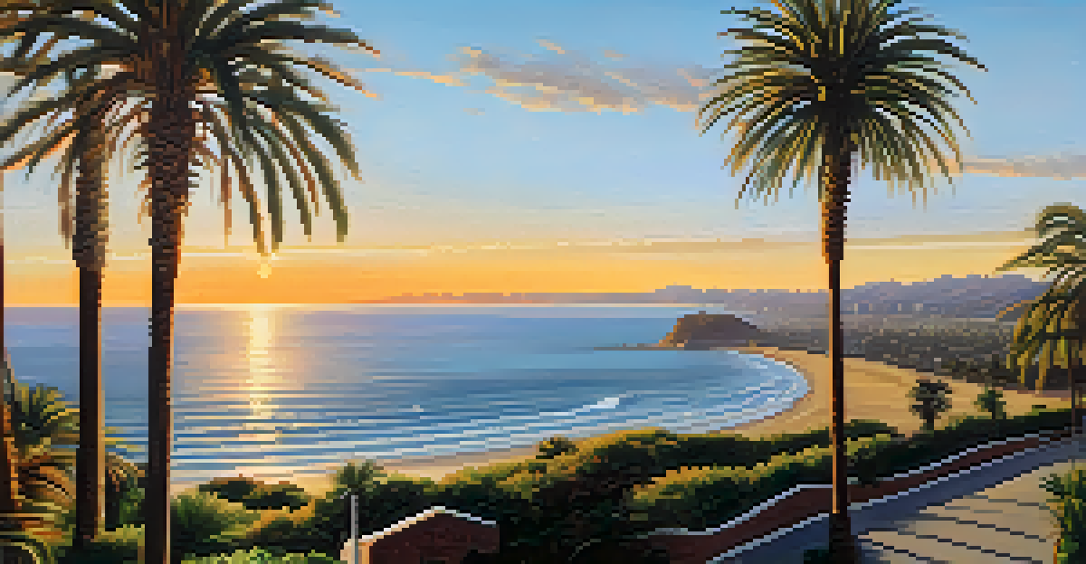 A sunset view from Palisades Park with palm trees framing the ocean horizon.