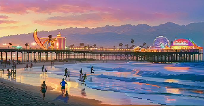 A scenic sunset view of Santa Monica beach with people enjoying various activities and the pier in the background.