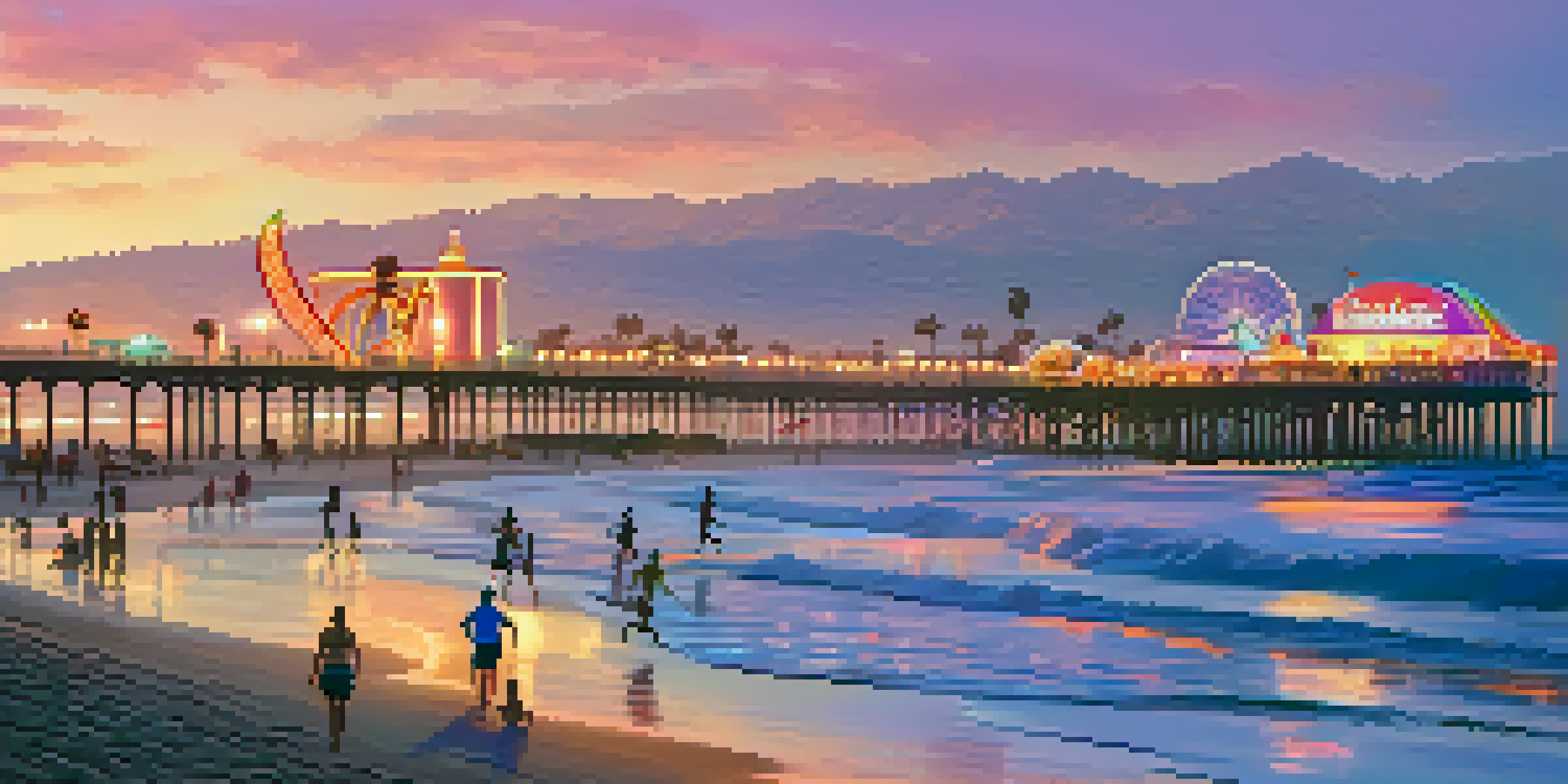 A scenic sunset view of Santa Monica beach with people enjoying various activities and the pier in the background.