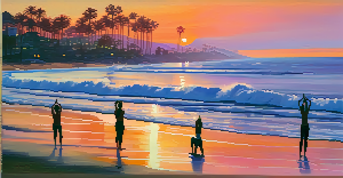 A tranquil beach at sunset with people doing yoga, vibrant sunset colors in the sky, and gentle waves.