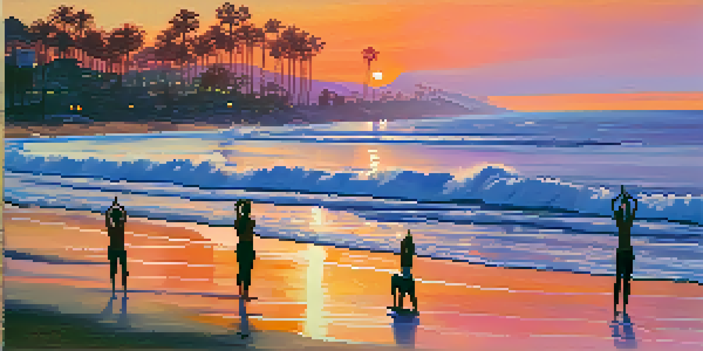 A tranquil beach at sunset with people doing yoga, vibrant sunset colors in the sky, and gentle waves.