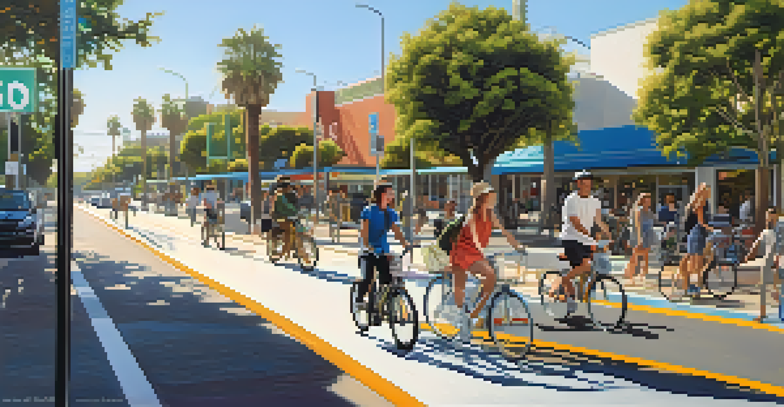 A modern Santa Monica transportation scene with bike lanes and pedestrian pathways, featuring commuters and vibrant urban greenery.