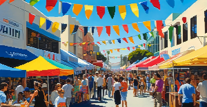 A lively street fair in Santa Monica with colorful booths and diverse people enjoying the festivities.