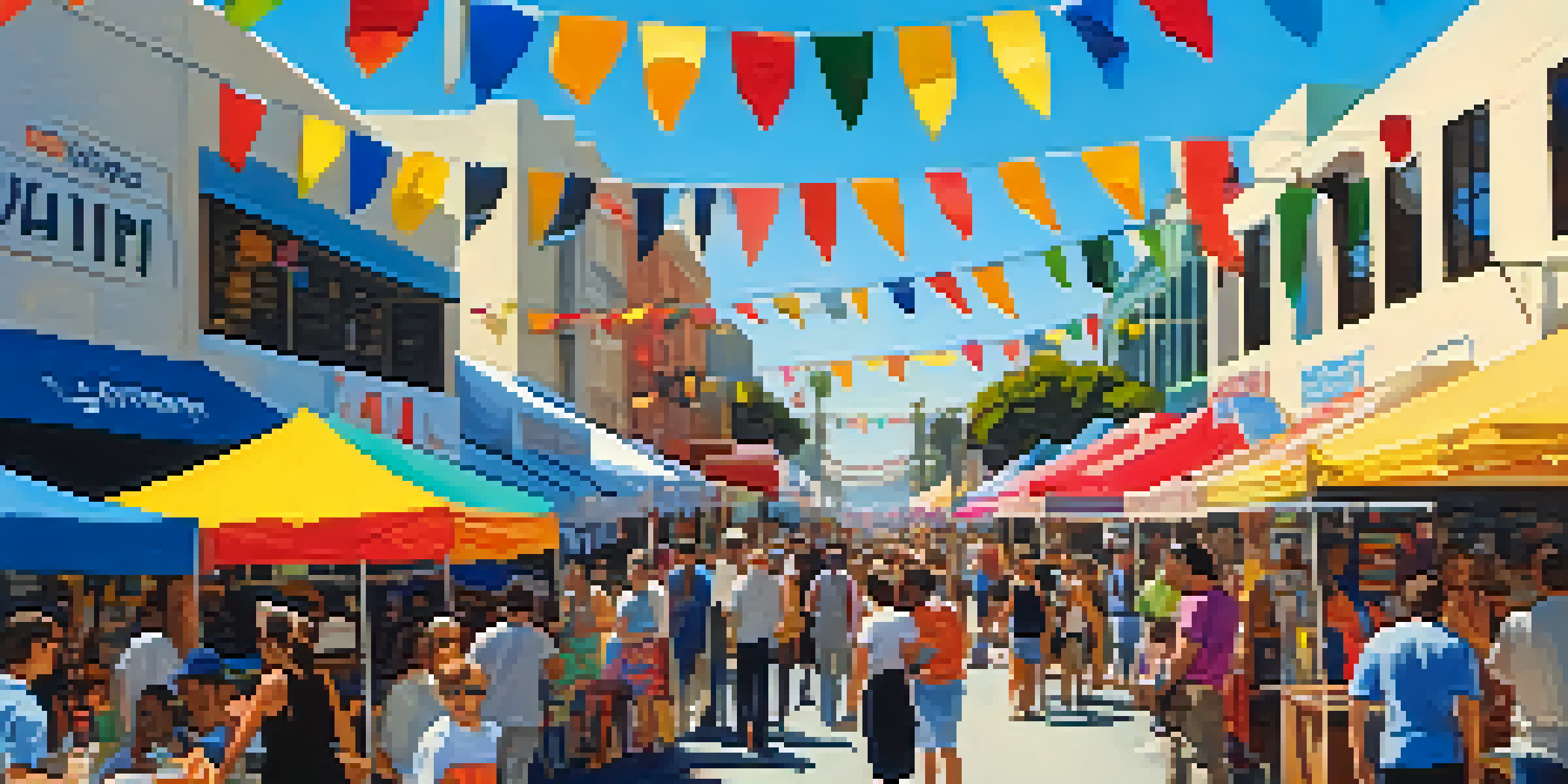 A lively street fair in Santa Monica with colorful booths and diverse people enjoying the festivities.