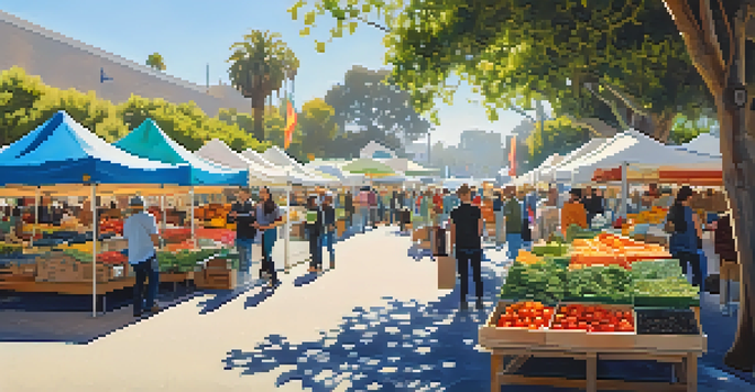 A busy Santa Monica Farmers Market with colorful stalls, diverse visitors sampling food, and sunlight creating patterns on the ground.