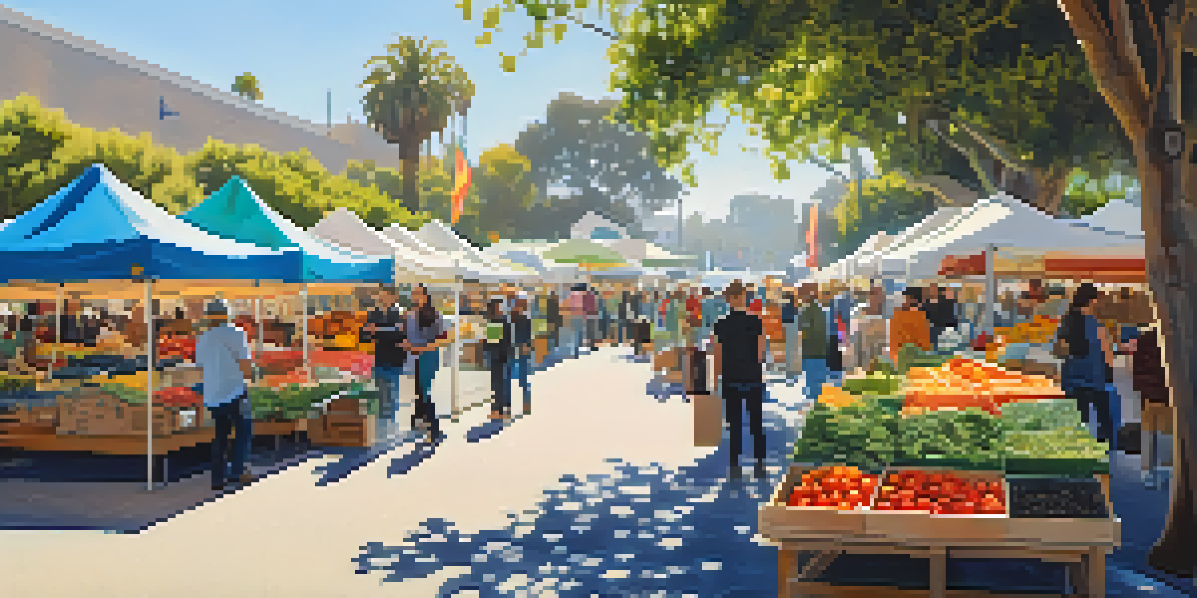 A busy Santa Monica Farmers Market with colorful stalls, diverse visitors sampling food, and sunlight creating patterns on the ground.