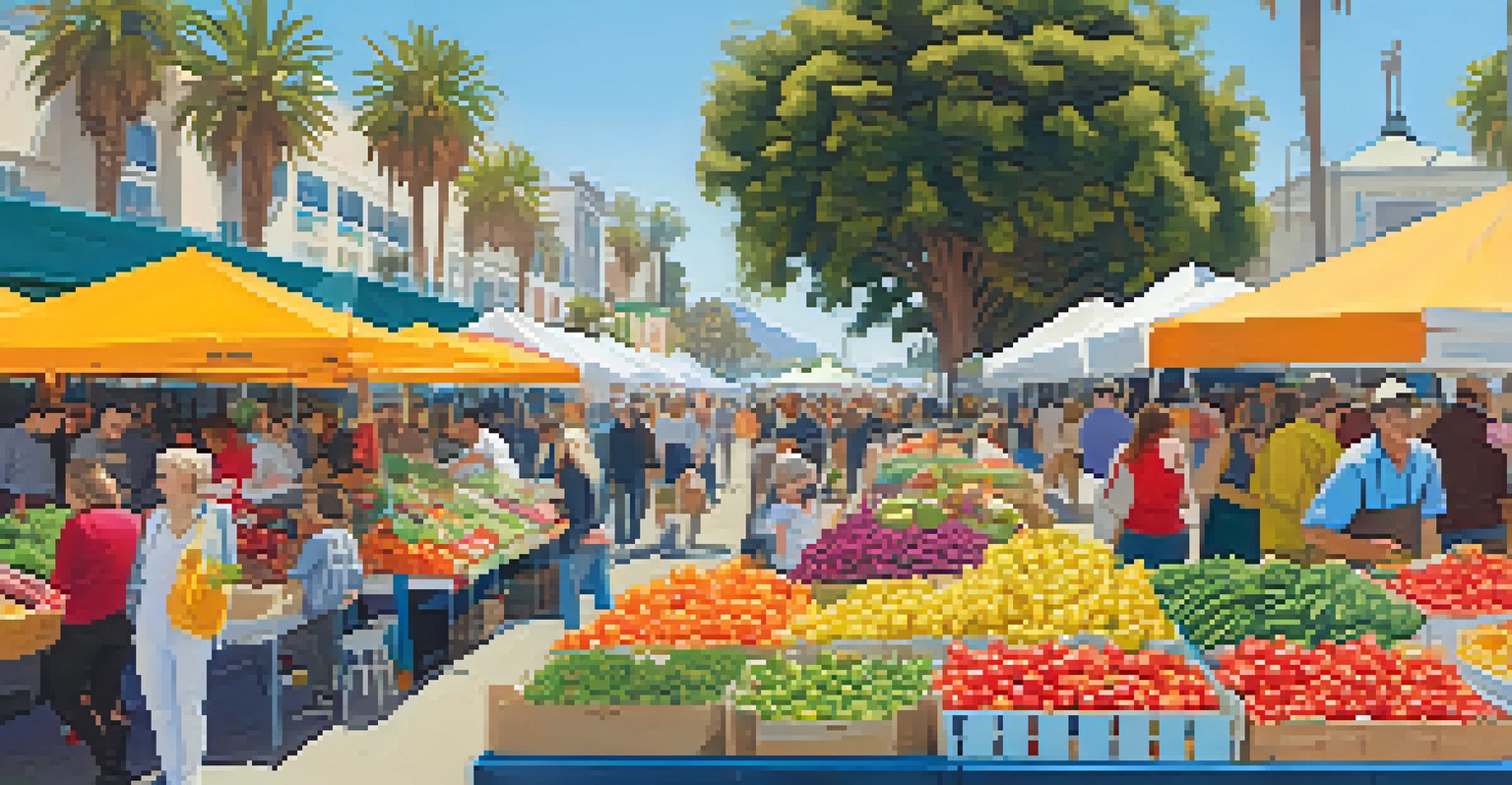 A lively farmer's market in Santa Monica with colorful stalls and families enjoying the day.