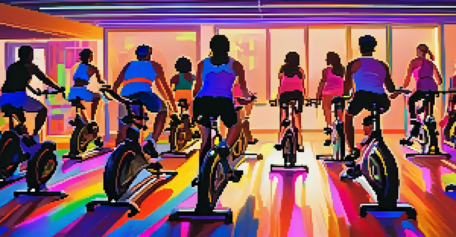 Participants in an energetic indoor cycling class, pedaling on stationary bikes with colorful lights and music creating a vibrant atmosphere.