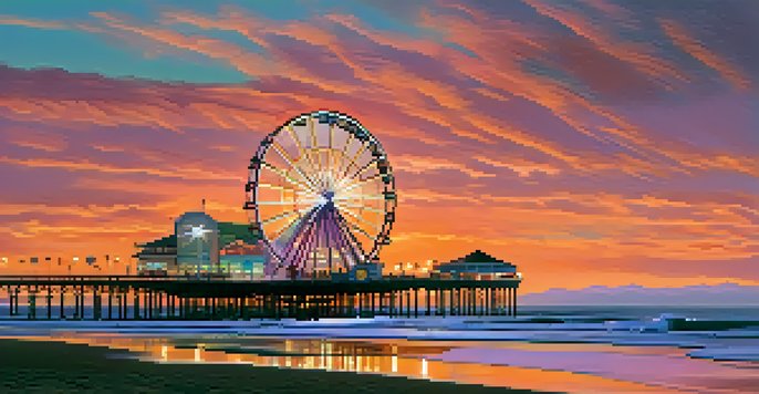 A sunset view of Santa Monica Pier with an illuminated Ferris wheel and silhouettes of people on the beach.