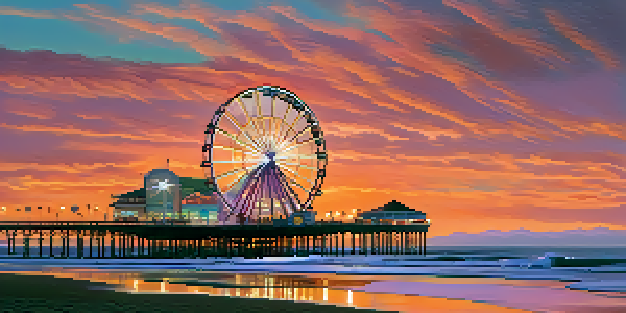 A sunset view of Santa Monica Pier with an illuminated Ferris wheel and silhouettes of people on the beach.