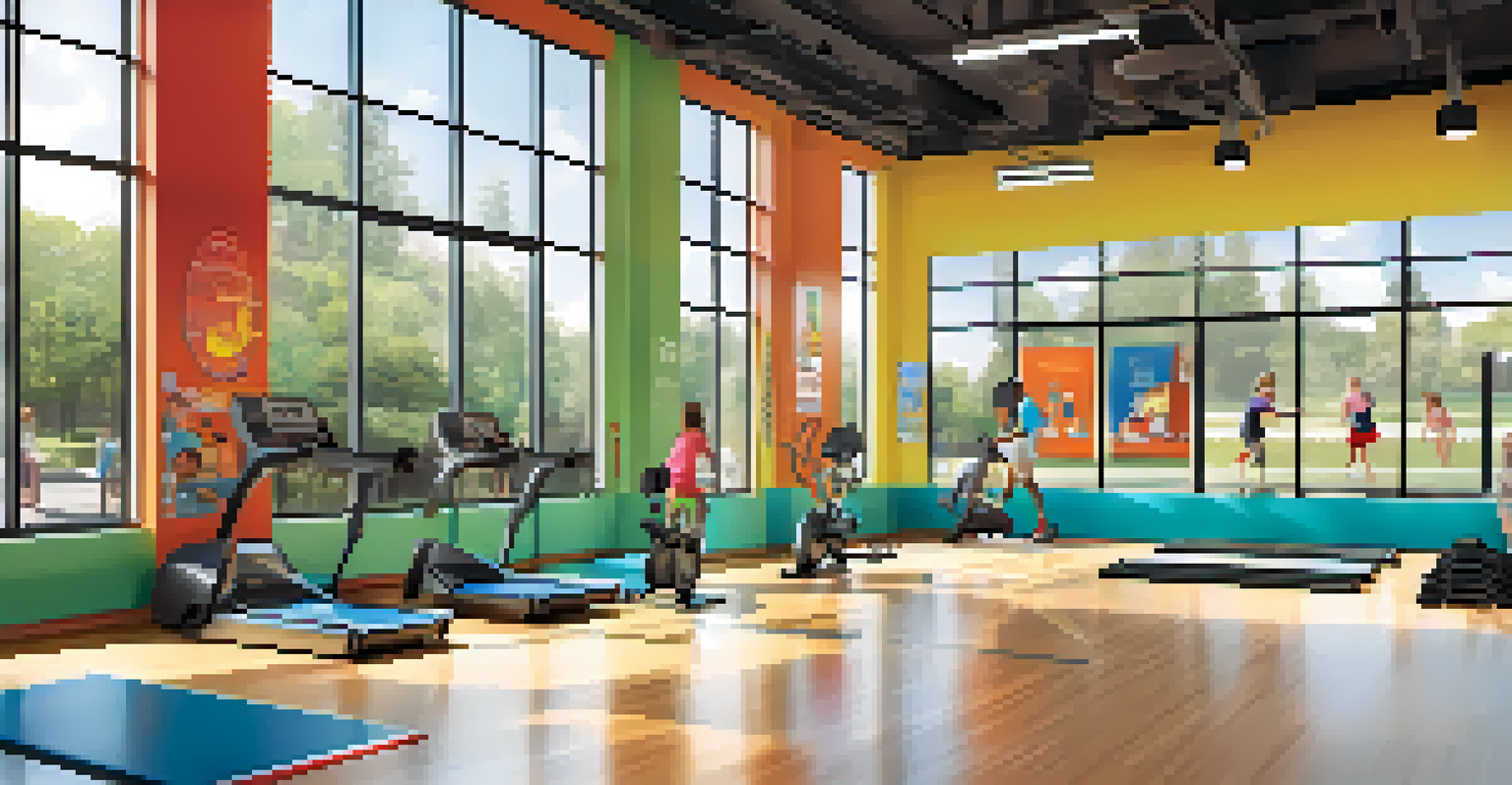 A family-friendly gym with parents working out and children playing, filled with bright colors and natural light.