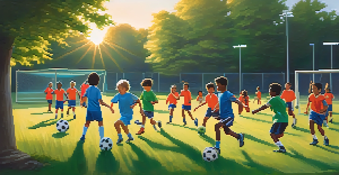 A group of diverse children practicing soccer on a sunny field, showcasing teamwork and enthusiasm.