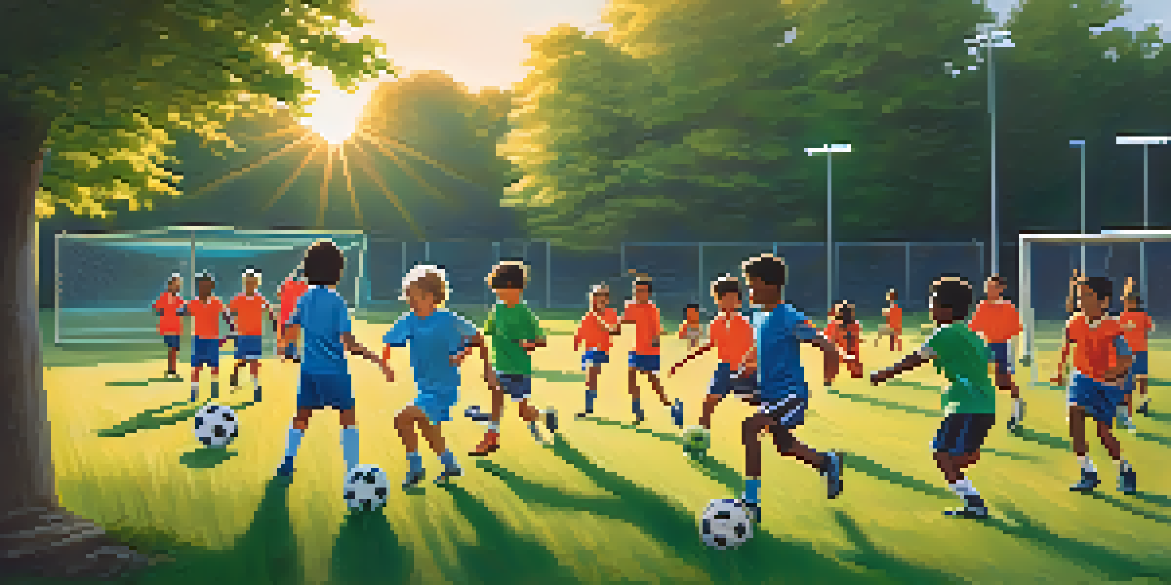 A group of diverse children practicing soccer on a sunny field, showcasing teamwork and enthusiasm.