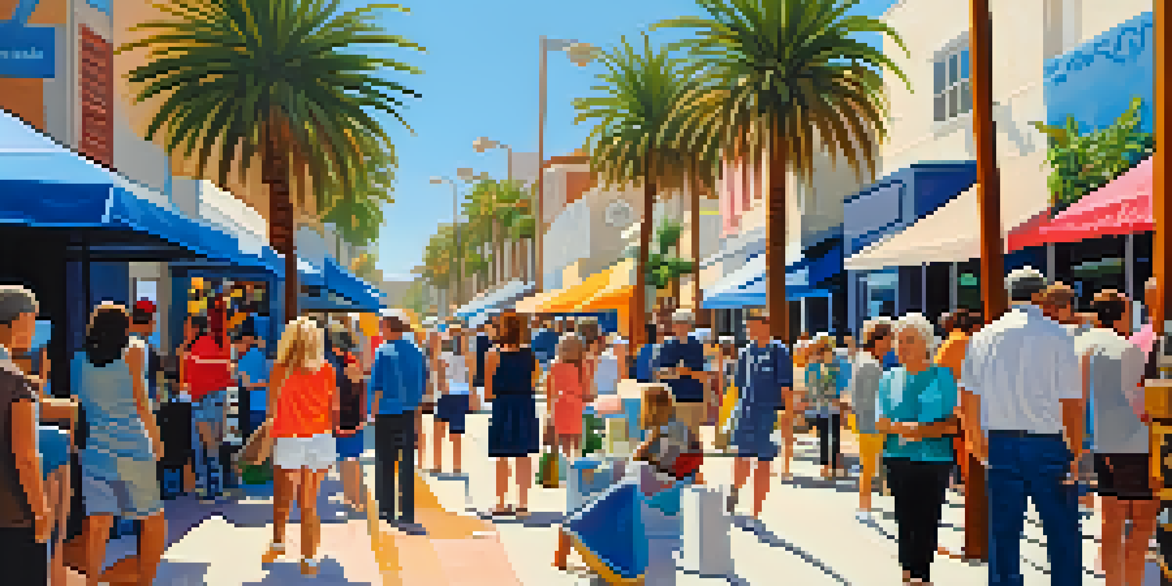 A lively street filled with people enjoying the Santa Monica Art Walk, with artists showcasing colorful artworks and sculptures under the bright sky.