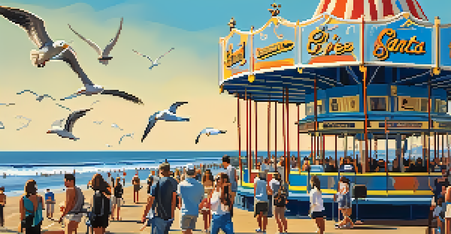 An illustration of Santa Monica pier filled with people podcasting, enjoying the beach, and a colorful carousel under a blue sky.