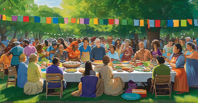 A diverse group of people enjoying a potluck in a park, surrounded by colorful dishes and greenery, emphasizing community and unity.