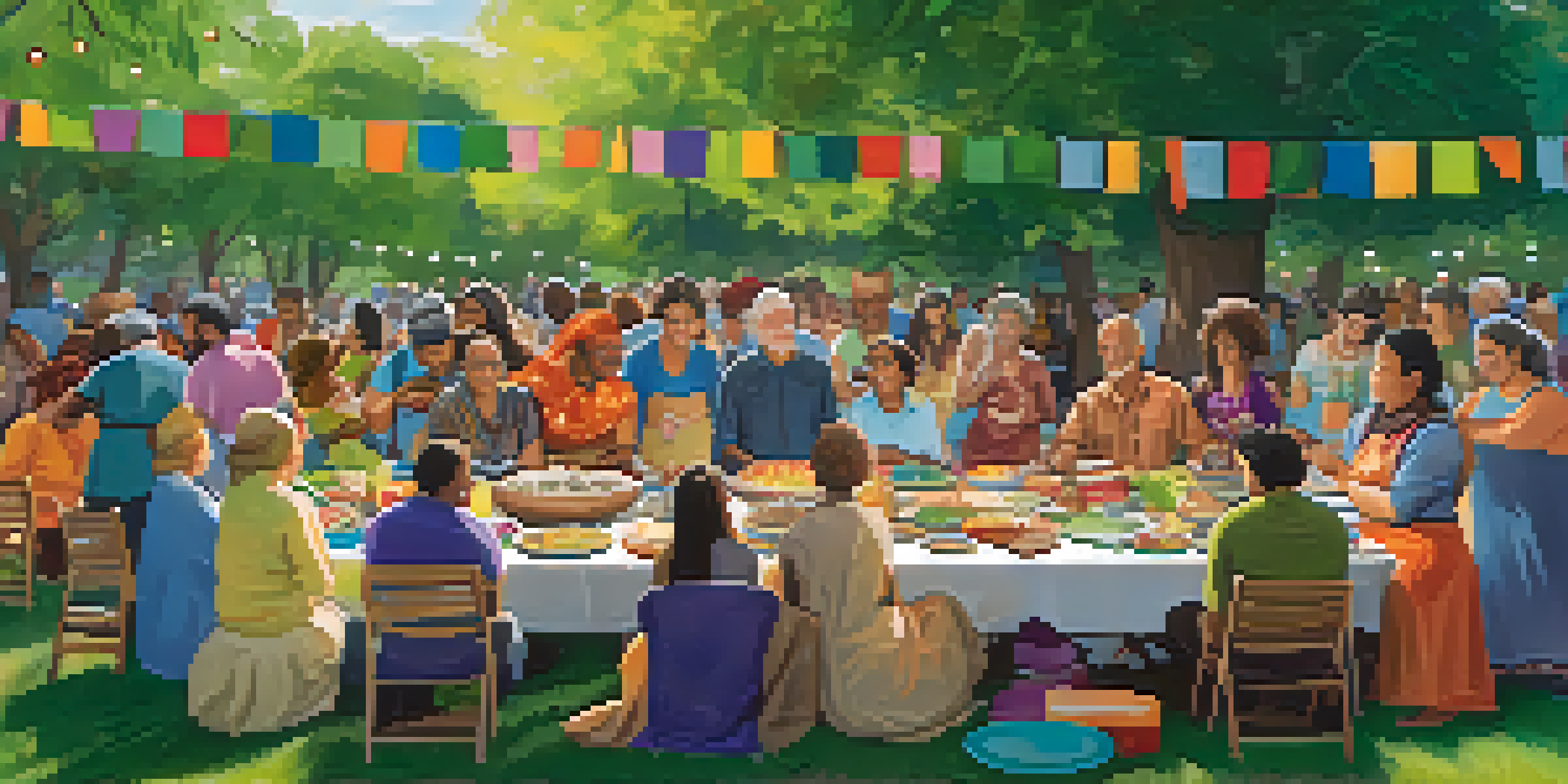 A diverse group of people enjoying a potluck in a park, surrounded by colorful dishes and greenery, emphasizing community and unity.