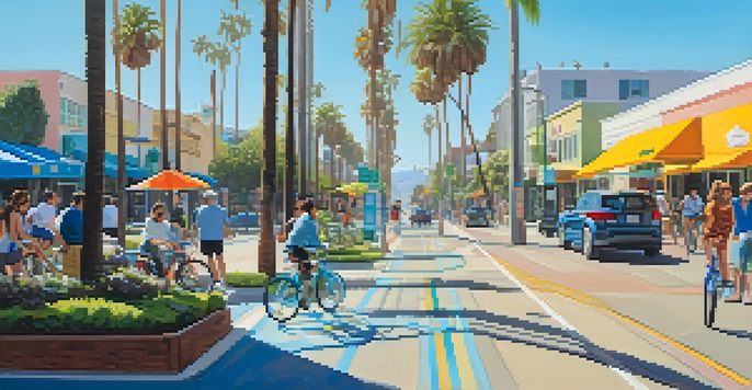 A sunny street in Santa Monica with people riding bicycles, palm trees, and electric vehicle charging stations in the background.
