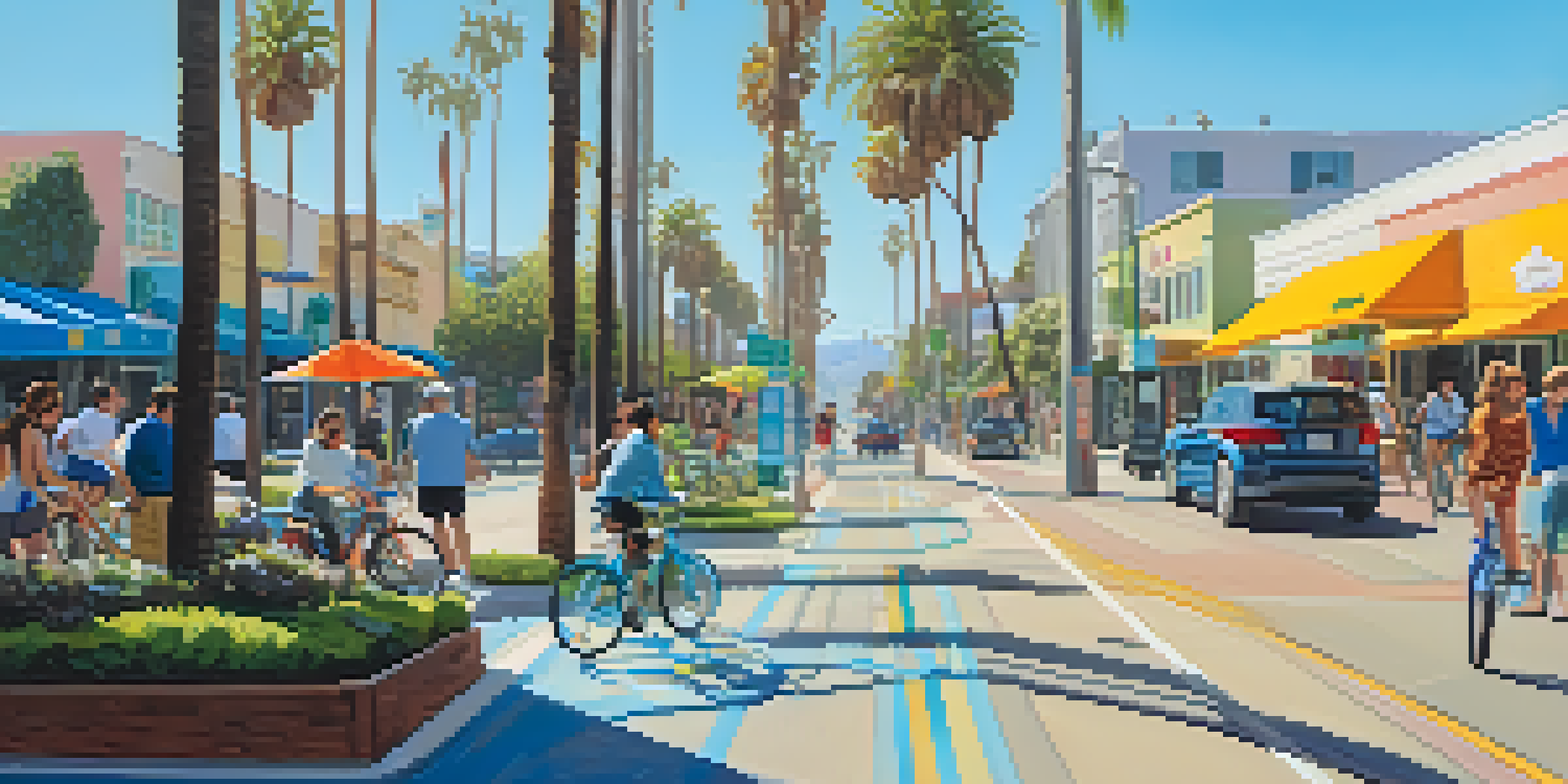 A sunny street in Santa Monica with people riding bicycles, palm trees, and electric vehicle charging stations in the background.