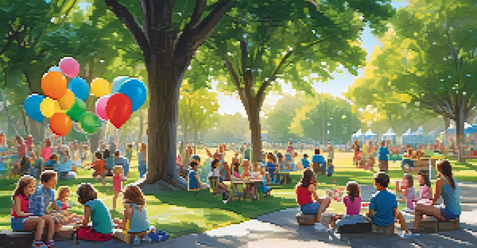 Children and families enjoying a community event in a park with games, balloons, and crafts.