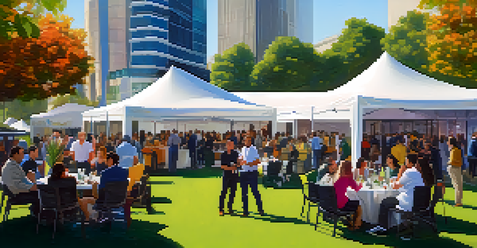 A lively outdoor networking event with entrepreneurs discussing under a marquee, surrounded by modern buildings.