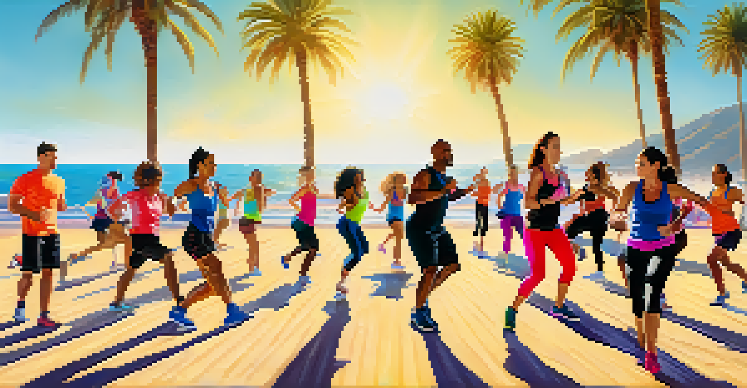 A lively Zumba fitness class on Santa Monica Beach with diverse participants enjoying a sunny day, led by an enthusiastic instructor.