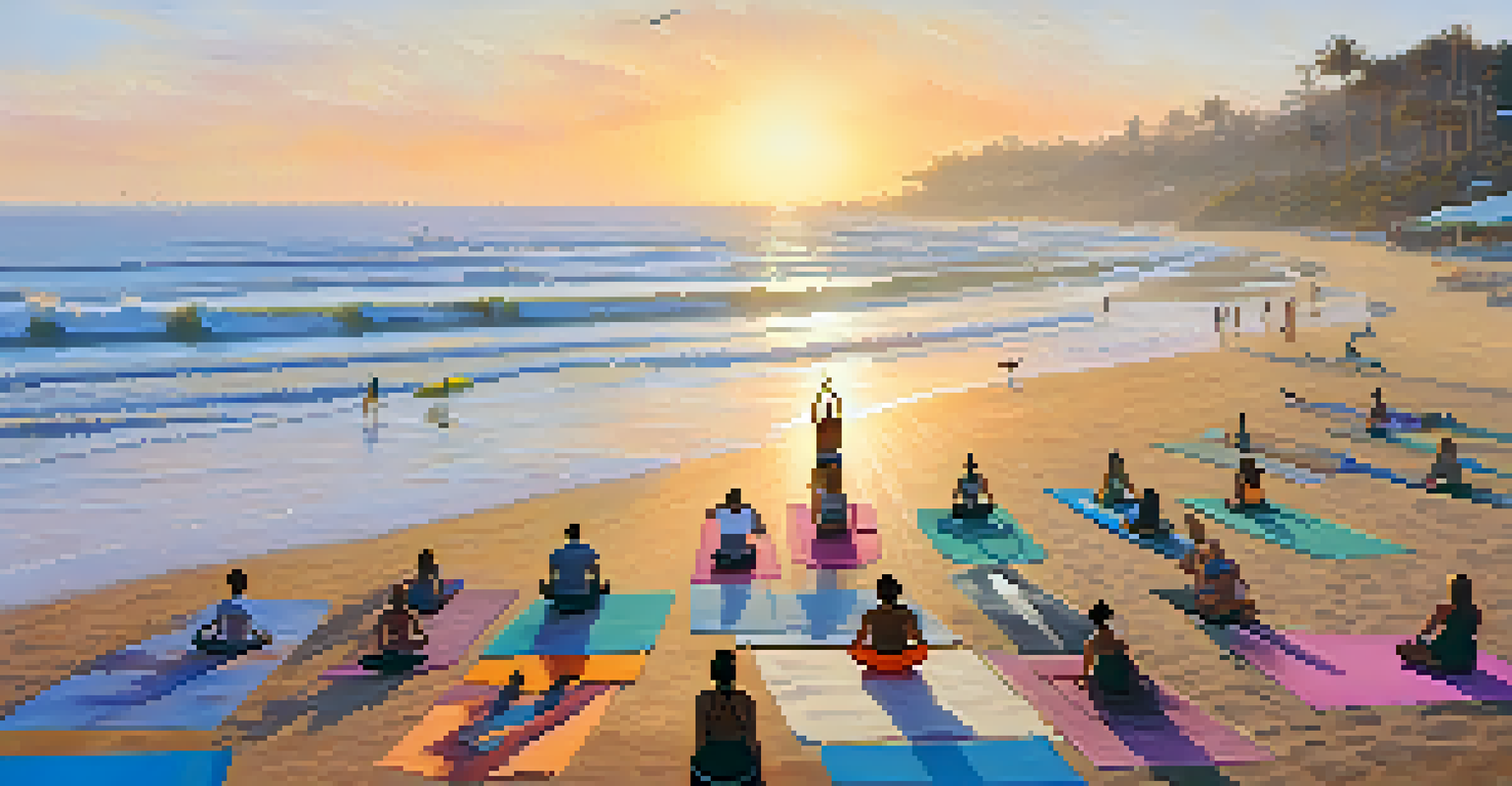 Participants doing beach yoga at sunrise, with the ocean and surfers in the background.
