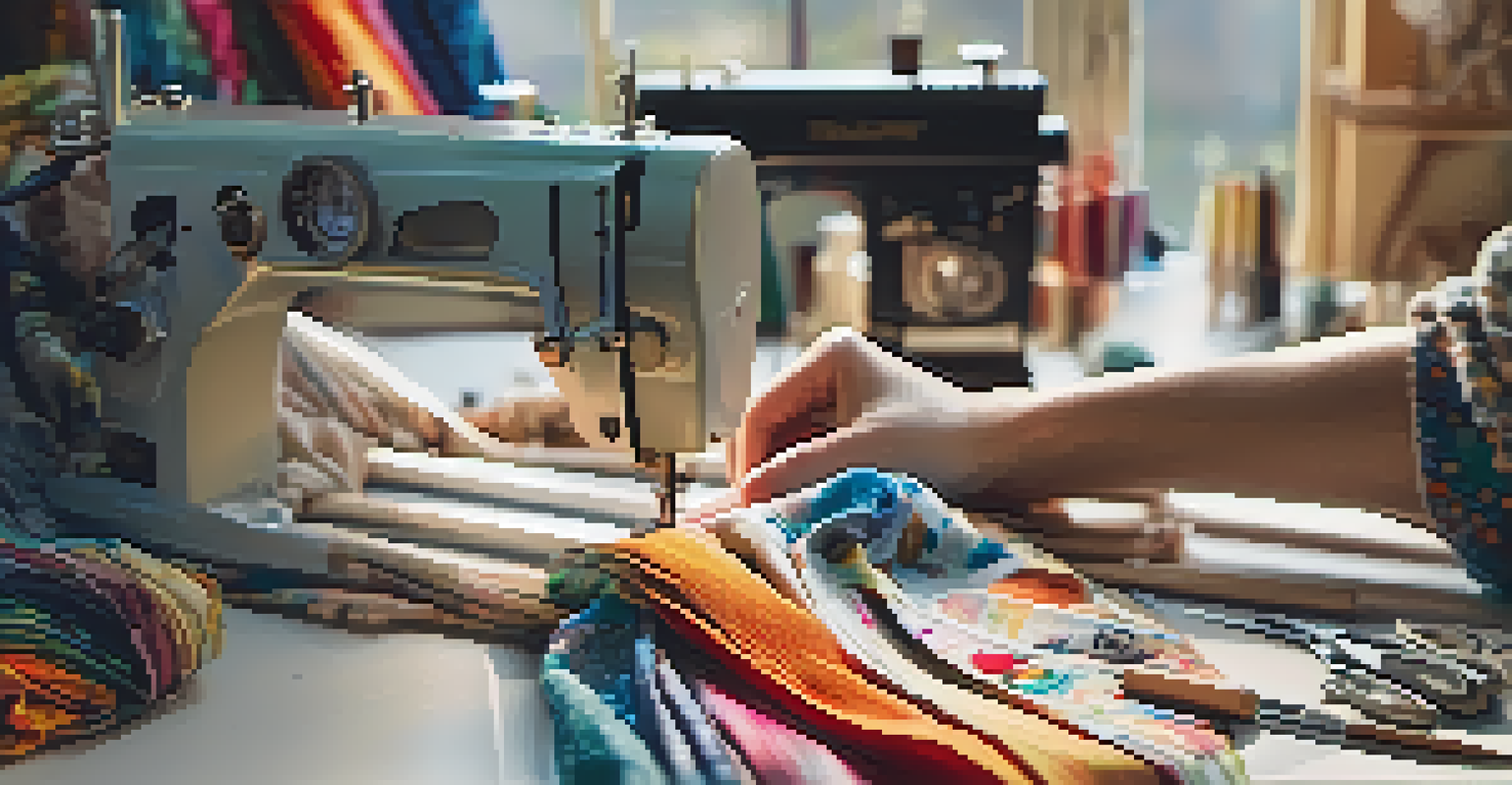 A close-up of a designer upcycling fabric scraps into a stylish garment in a well-lit workspace.