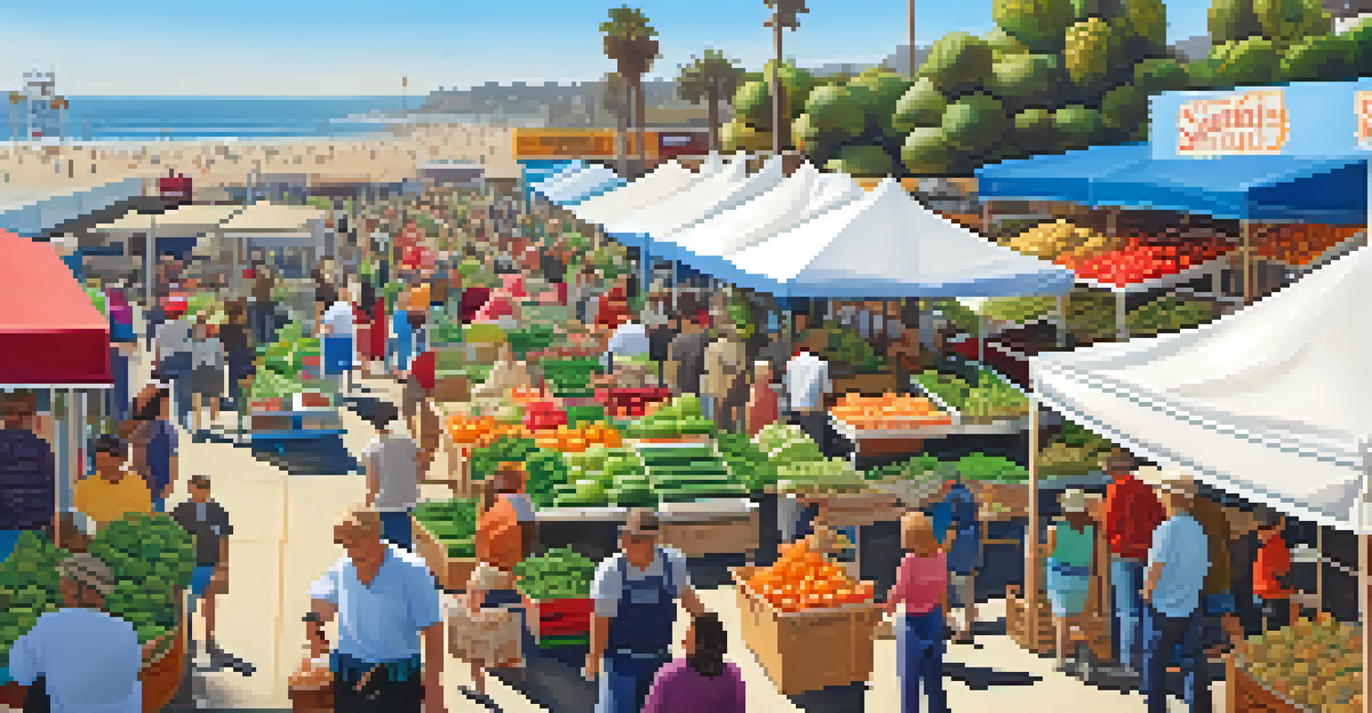 An overhead view of a farmers' market in Santa Monica with stalls of fresh produce and the Santa Monica Pier in the background.