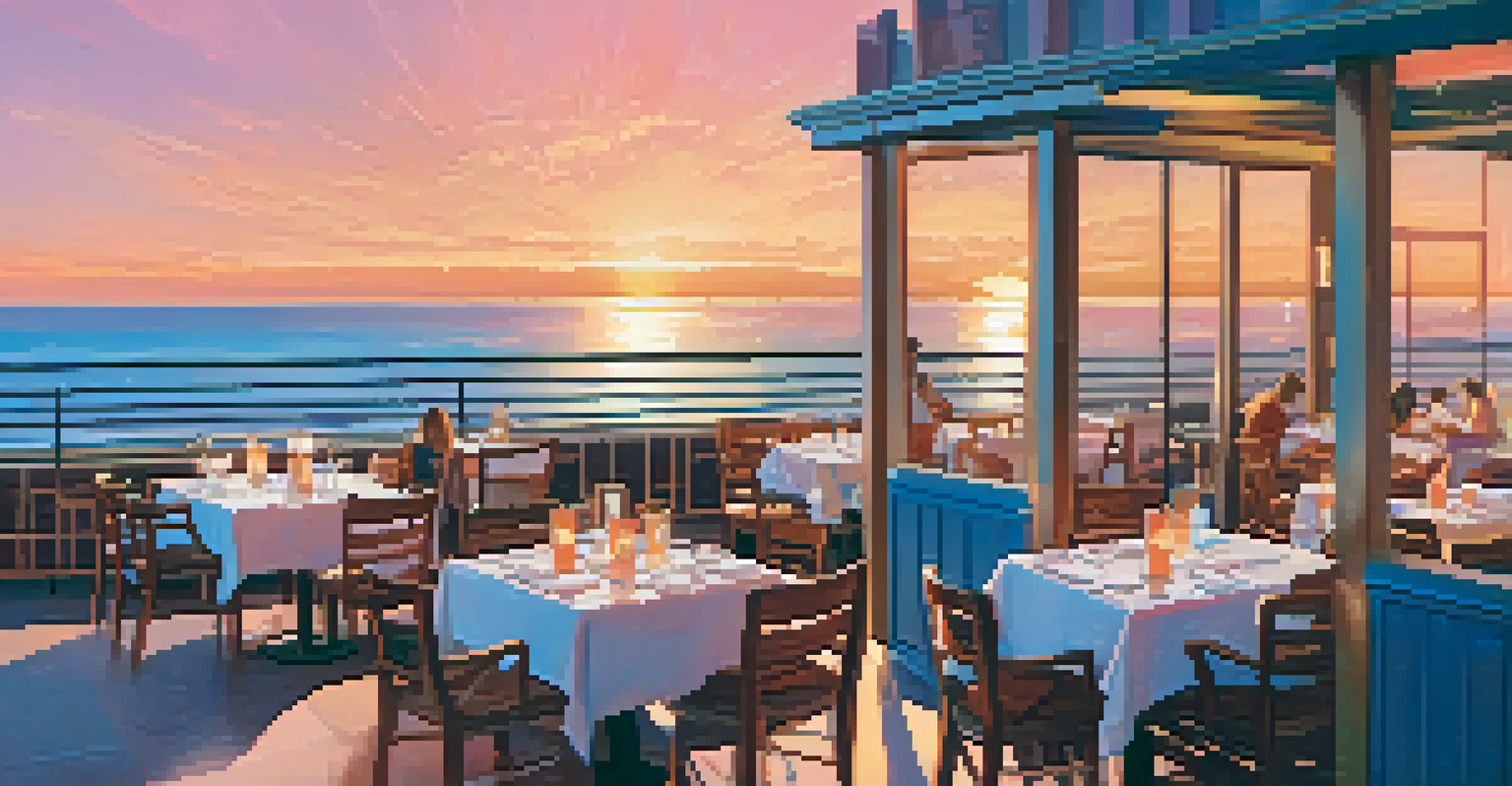 An outdoor dining area of a sustainable seafood restaurant near the ocean at sunset, with diners enjoying their meals and a view of the water.