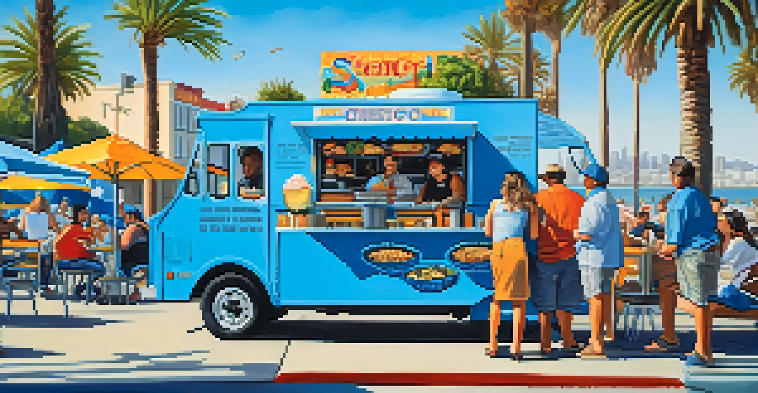 A seafood food truck in Santa Monica with people enjoying fish tacos and shrimp po' boys at picnic tables, set against a backdrop of the ocean.
