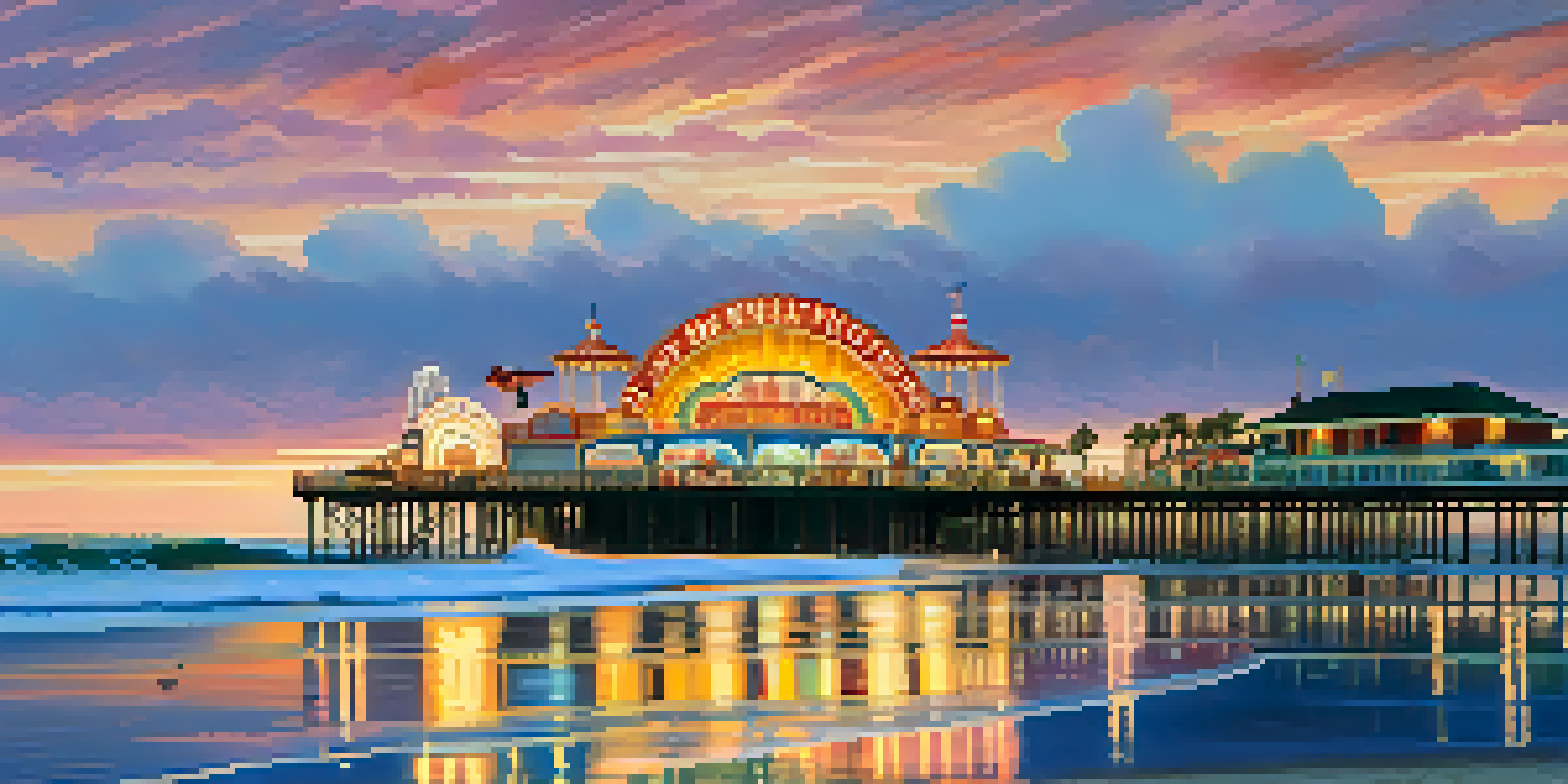 A sunset view of Santa Monica Pier with colorful skies, the illuminated carousel, and families enjoying the evening.