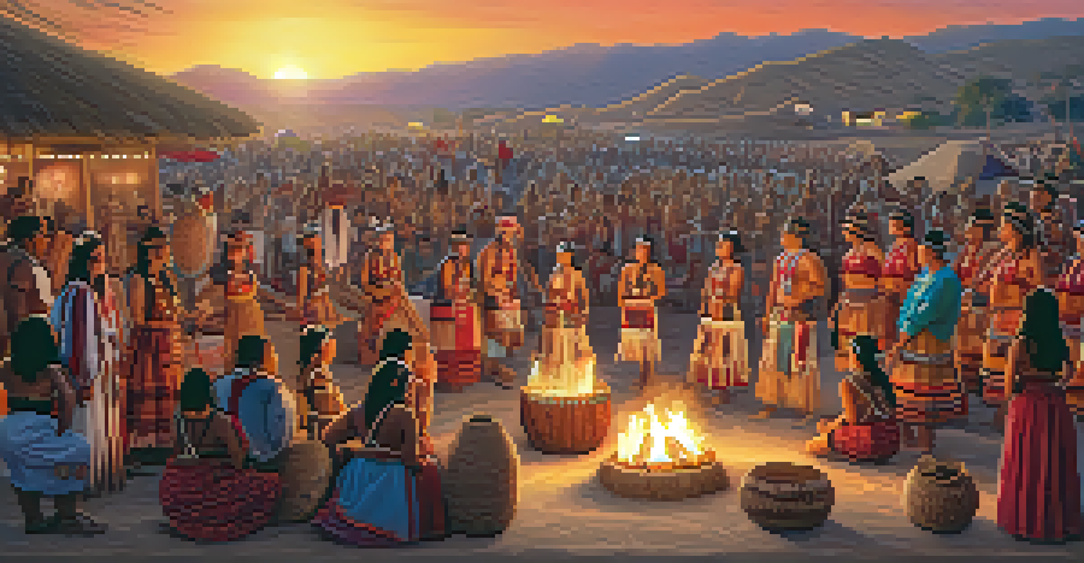 Chumash cultural festival with dancers in colorful costumes, musicians, and handmade crafts under a warm sunset.