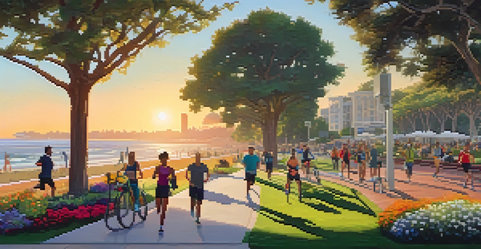 A lively park in Santa Monica with green trees and flower beds, where people are jogging and biking under a warm sunset.