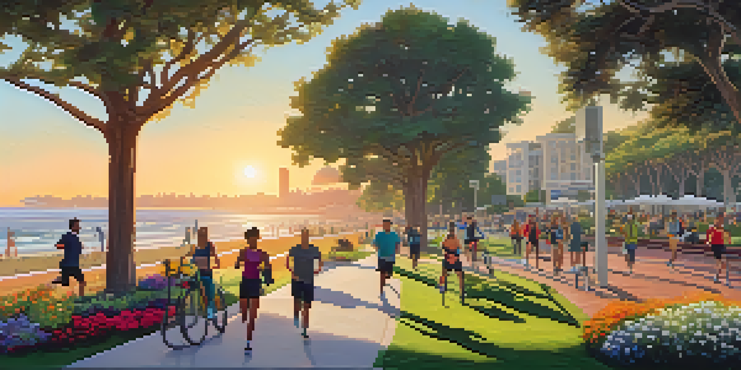 A lively park in Santa Monica with green trees and flower beds, where people are jogging and biking under a warm sunset.