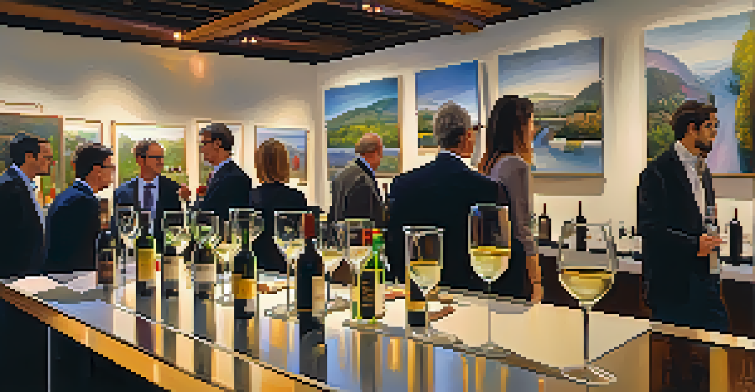 An elegant wine tasting scene with glasses of wine and art hanging in the background, creating a warm and inviting atmosphere.