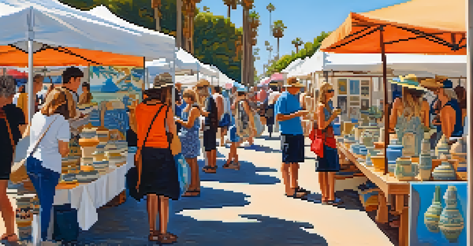 An outdoor art fair in Santa Monica with stalls of handmade ceramics. People are browsing and interacting with artisans, surrounded by palm trees and a clear blue sky.
