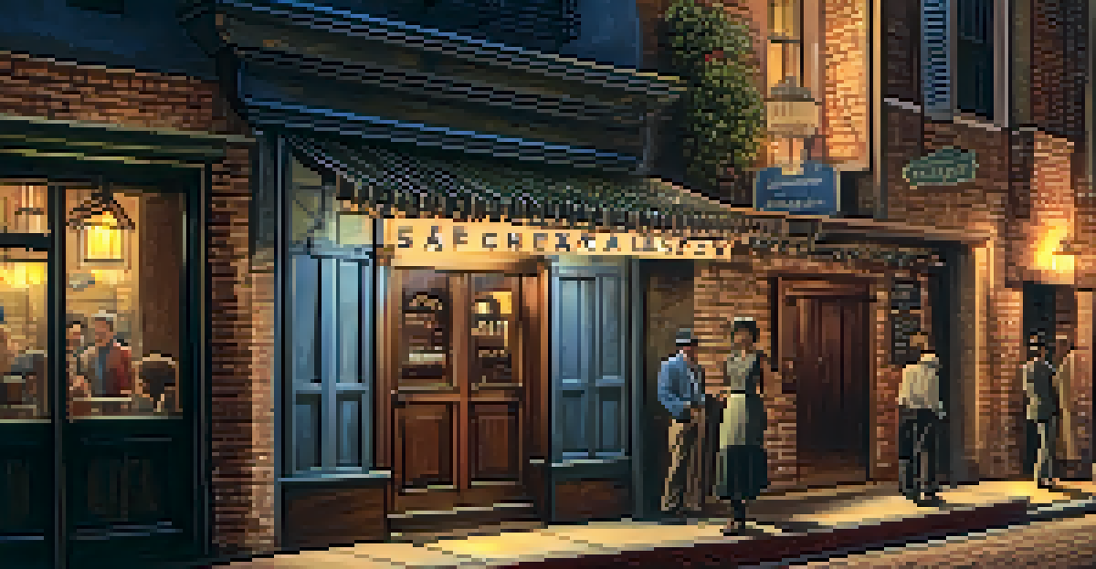 The exterior of a hidden speakeasy in Santa Monica with a discreet entrance and vintage signage, illuminated by streetlights.