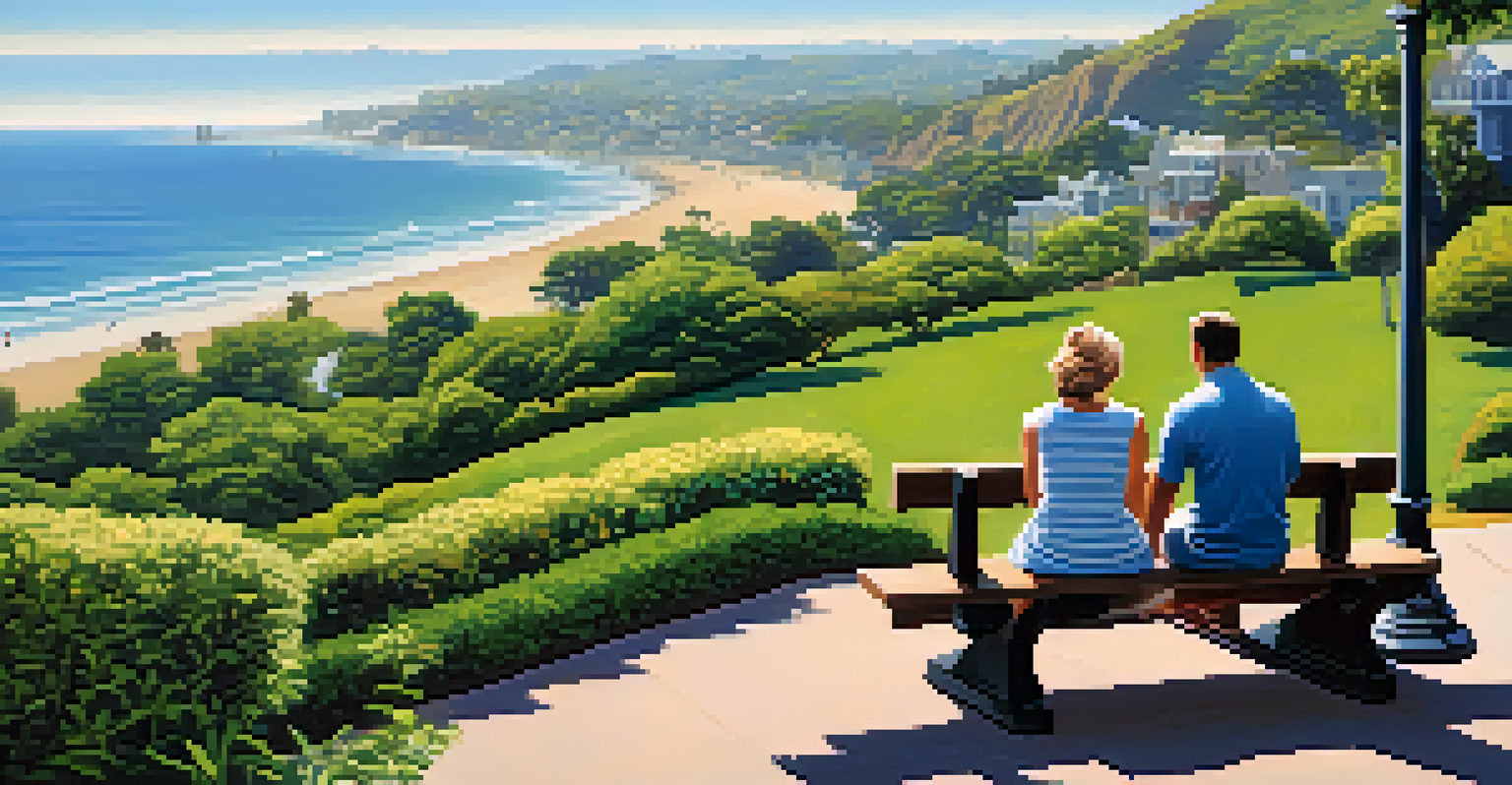 A peaceful scene in Palisades Park with a couple picnicking on a bench overlooking the ocean and gardens.