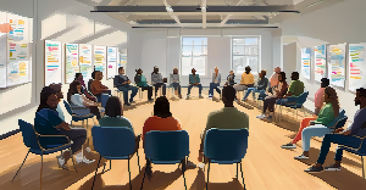 A community mental health workshop with participants sitting in a circle, engaged in discussion, surrounded by a bright and welcoming environment.